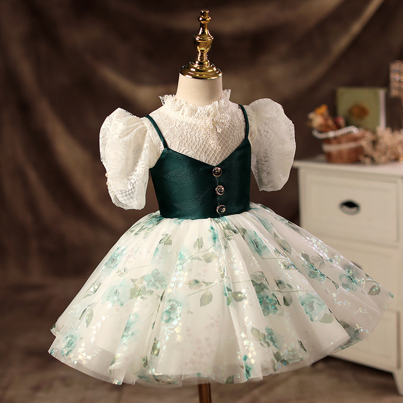 Green Satin Lace Princess Flower Girl Dress Puff Sleeve