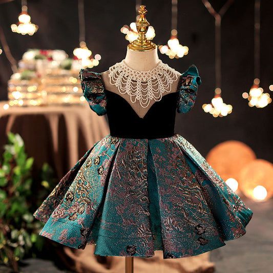 Green Satin Princess Flower Girl Dress with Beaded Ruffles