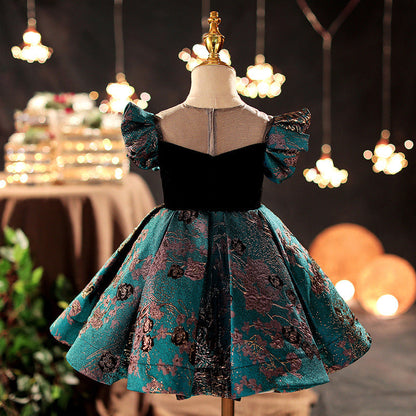 Green Satin Princess Flower Girl Dress with Beaded Ruffles
