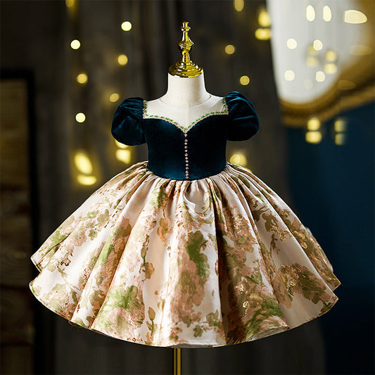 Green Satin Velvet A-Line Flower Girl Dress Beaded Ruffle