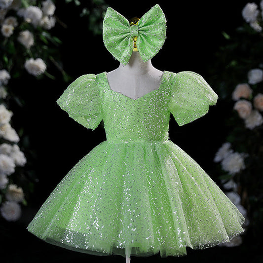 Green Sequin A-Line Flower Girl Dress with Puff Sleeves