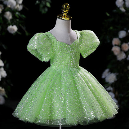 Green Sequin A-Line Flower Girl Dress with Puff Sleeves