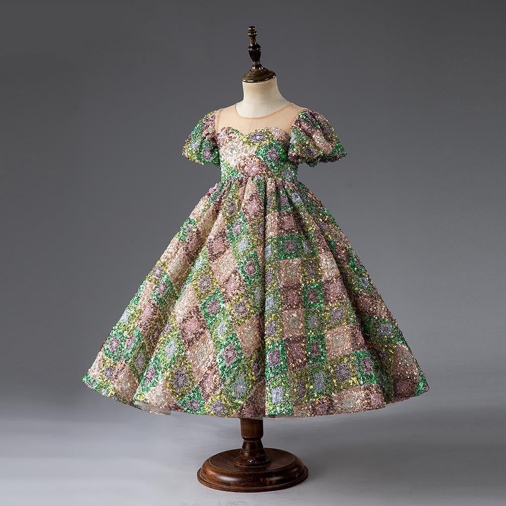 Green Sequin Flower Girl Dress: Floor Length Puff Sleeve