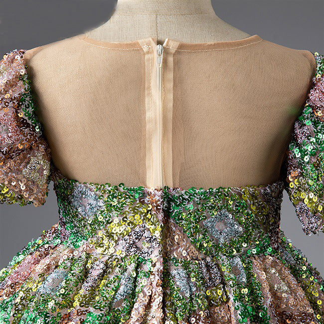 Green Sequin Flower Girl Dress: Floor Length Puff Sleeve