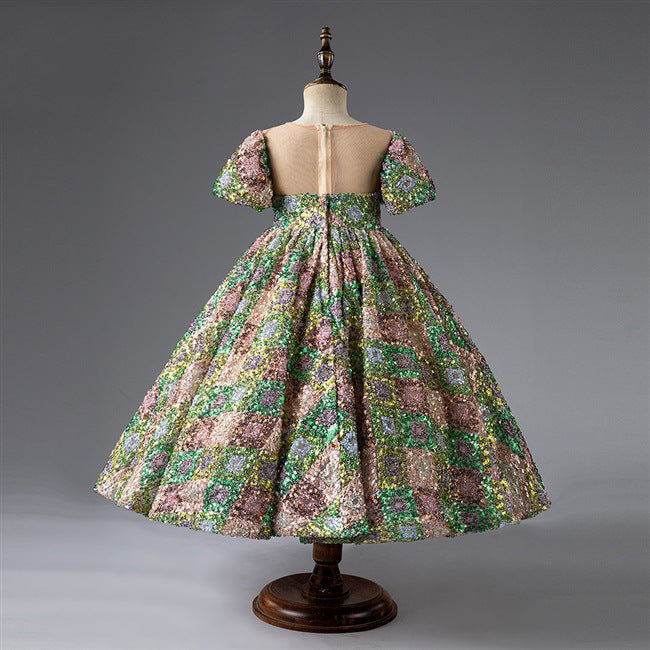 Green Sequin Flower Girl Dress: Floor Length Puff Sleeve