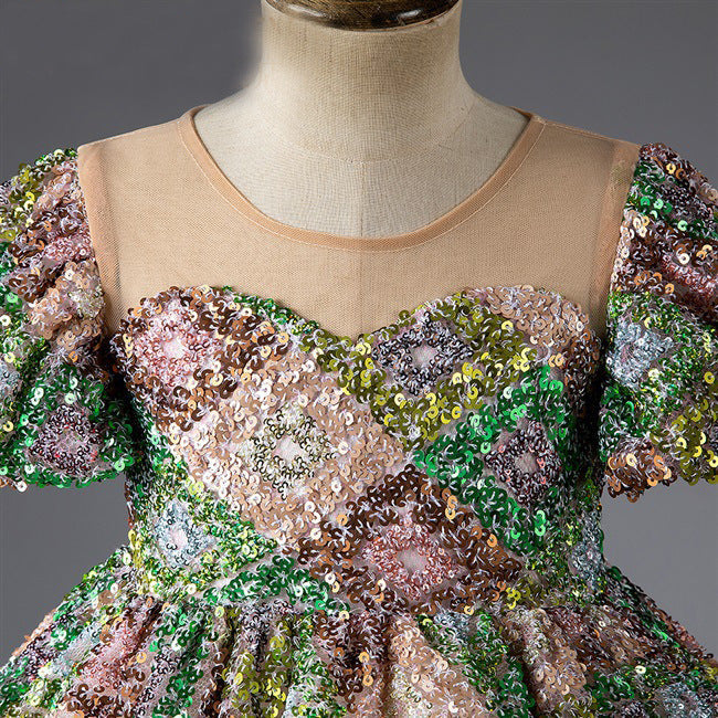 Green Sequin Flower Girl Dress: Floor Length Puff Sleeve