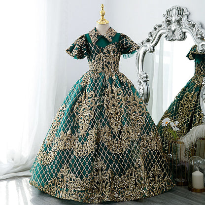 Green Sequin Princess Flower Girl Dress | Collared Neck