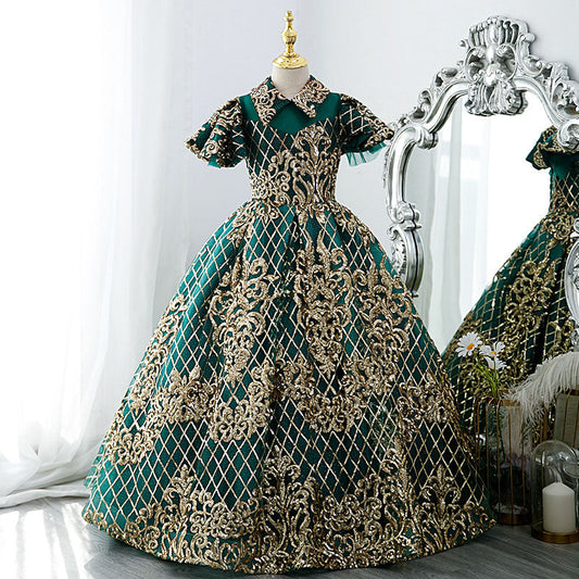 Green Sequin Princess Flower Girl Dress | Collared Neck