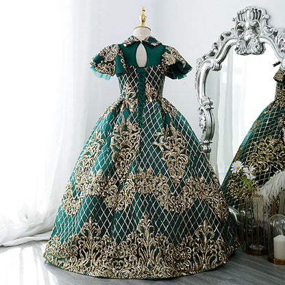 Green Sequin Princess Flower Girl Dress | Collared Neck