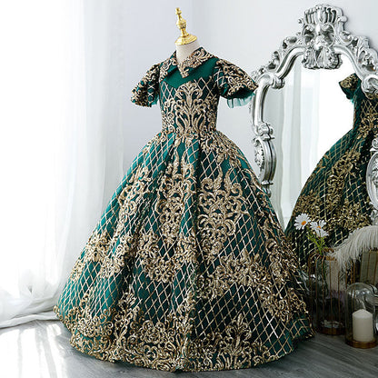 Green Sequin Princess Flower Girl Dress | Collared Neck