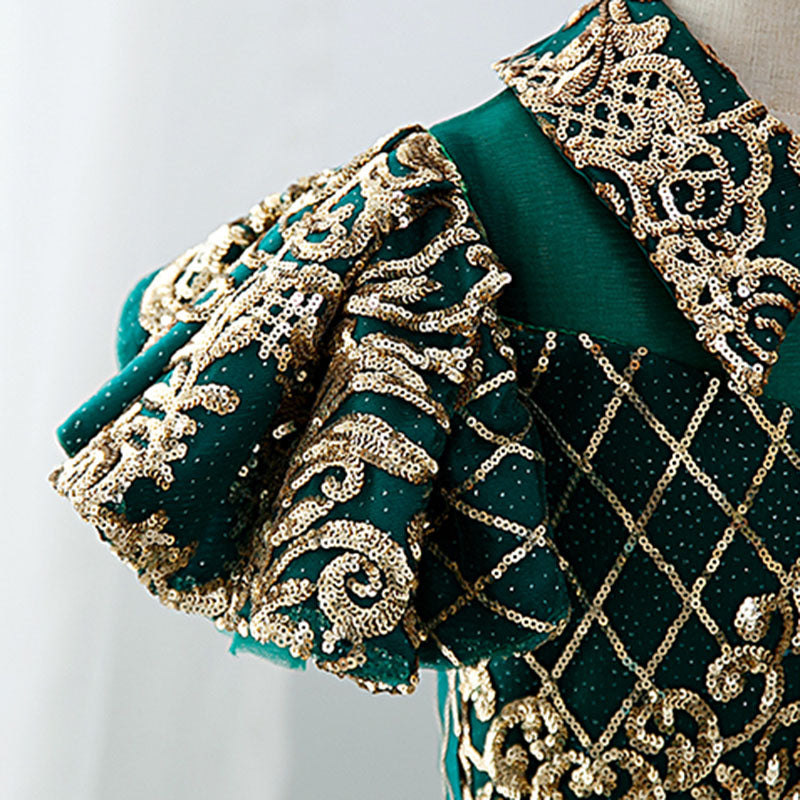 Green Sequin Princess Flower Girl Dress | Collared Neck
