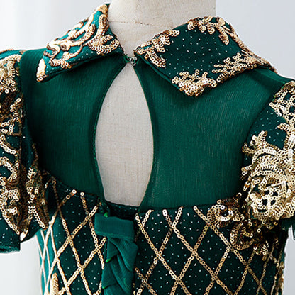 Green Sequin Princess Flower Girl Dress | Collared Neck