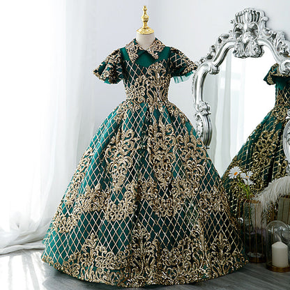 Green Sequin Princess Flower Girl Dress | Collared Neck