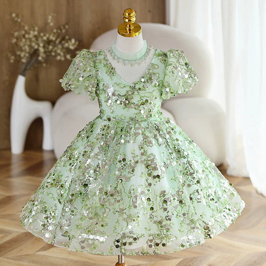 Green Sequined Ball Gown V-Neck Dress for Girls | Holiday & Party Dress
