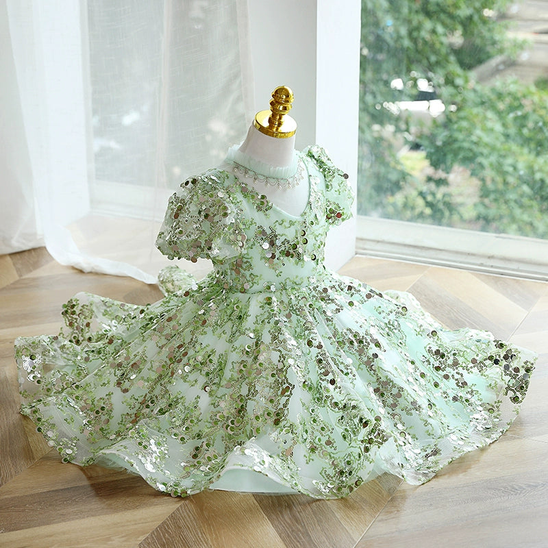 Green Sequined Ball Gown V-Neck Dress for Girls | Holiday & Party Dress