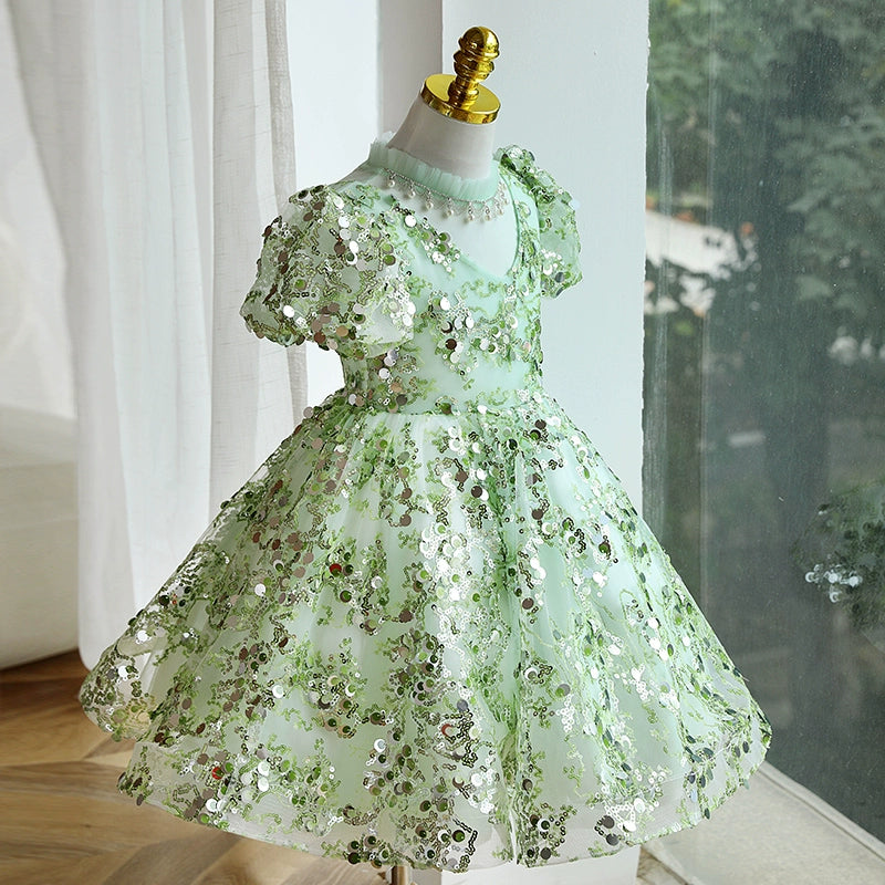 Green Sequined Ball Gown V-Neck Dress for Girls | Holiday & Party Dress