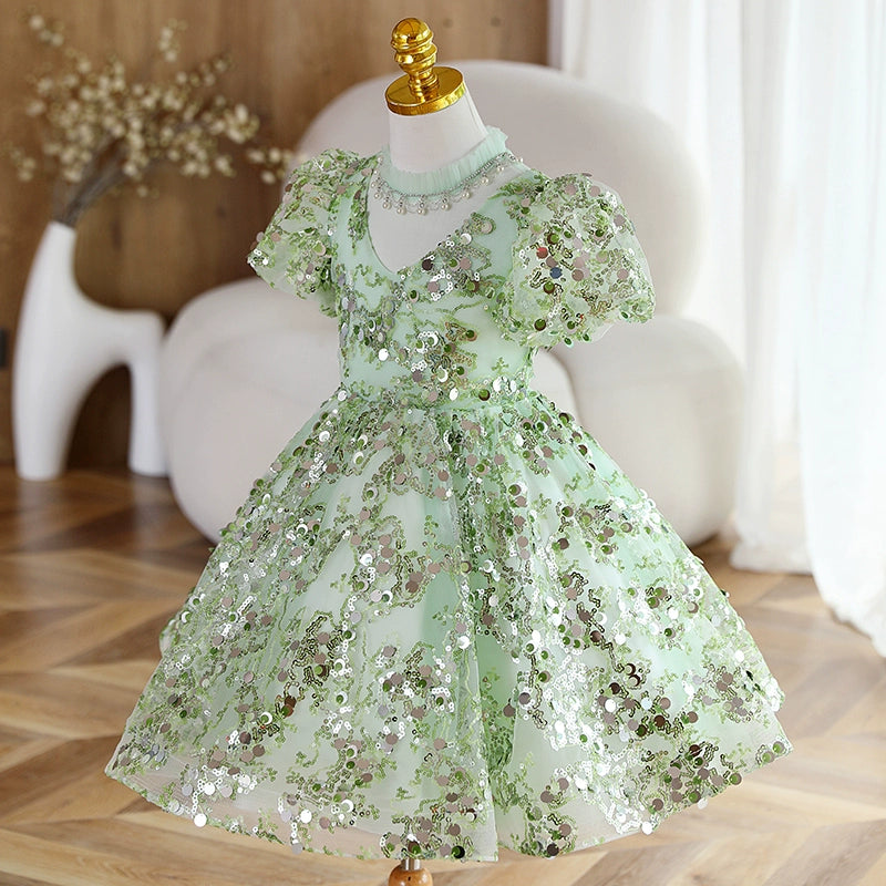 Green Sequined Ball Gown V-Neck Dress for Girls | Holiday & Party Dress
