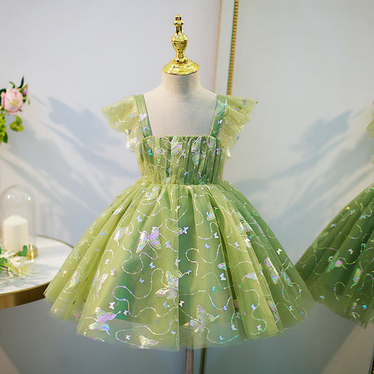Green Sequined Tulle Tea-Length Flower Girl Dress