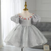Grey Princess Tea-Length Flower Girl Dress with Beaded Flowers