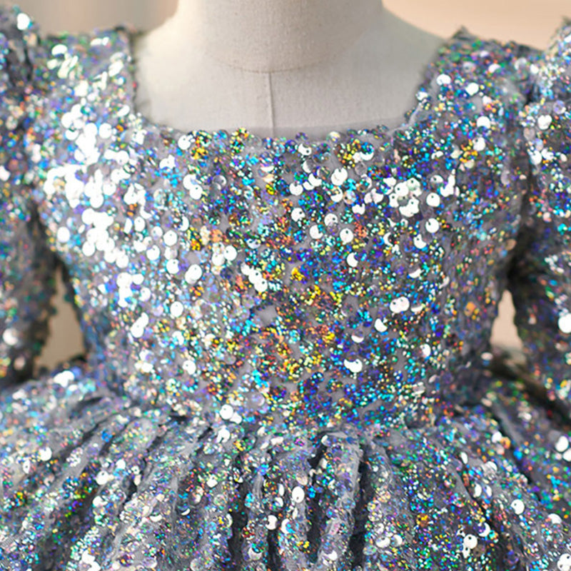 Grey Sequin Ball Gown Dress for Girls – Long Sleeve Puffy Princess Dress