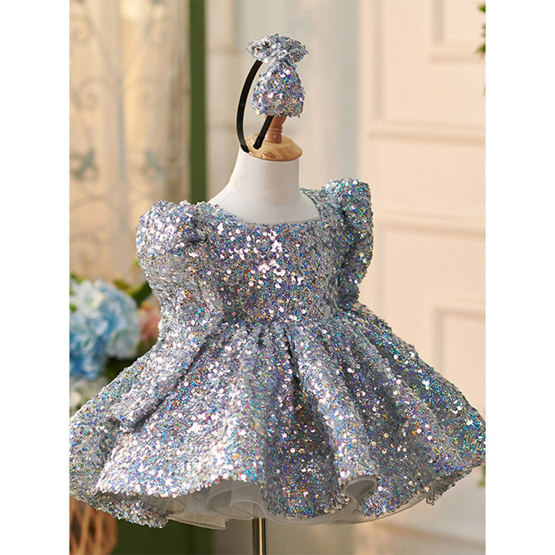Grey Sequin Ball Gown Dress for Girls – Long Sleeve Puffy Princess Dress