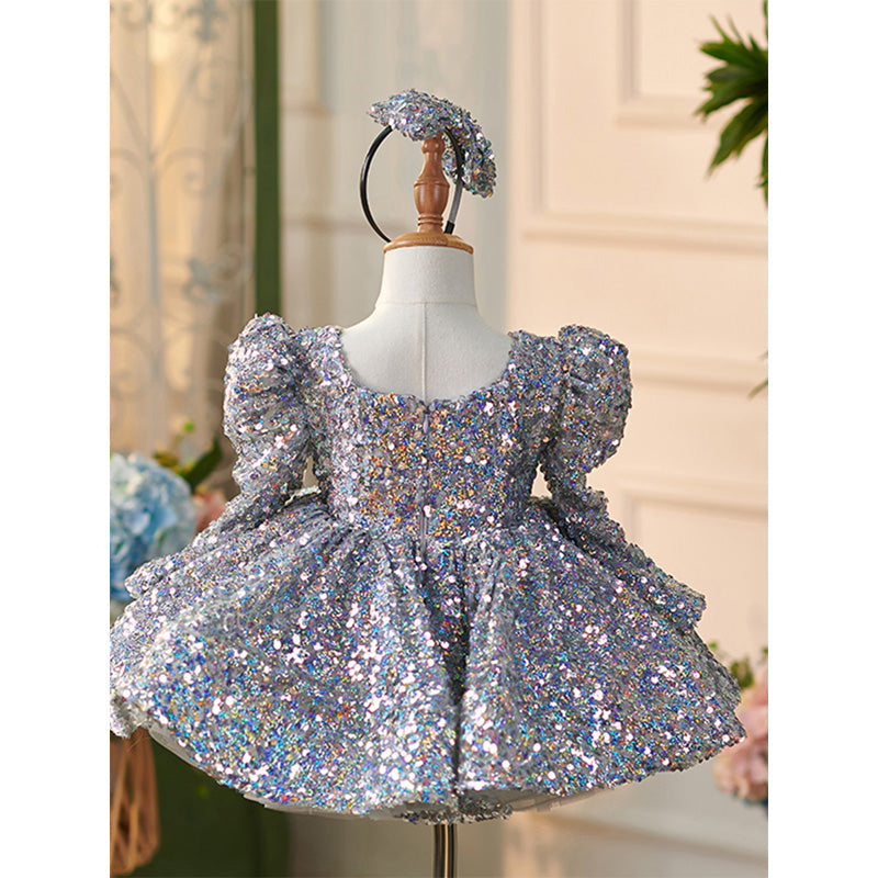 Grey Sequin Ball Gown Dress for Girls – Long Sleeve Puffy Princess Dress