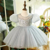 Grey Sequin Princess Flower Girl Dress Round Neck Puff Knee