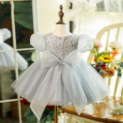 Grey Sequin Princess Flower Girl Dress Round Neck Puff Knee
