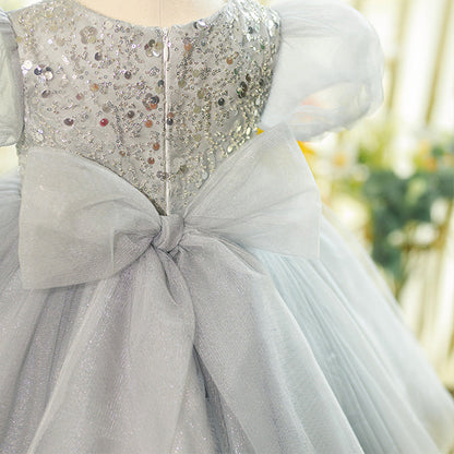 Grey Sequin Princess Flower Girl Dress Round Neck Puff Knee