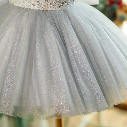 Grey Sequin Princess Flower Girl Dress Round Neck Puff Knee