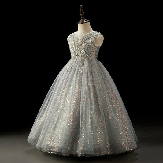 Grey Sequined Sleeveless Ball Gown for Girls – Special Occasion Princess Dress
