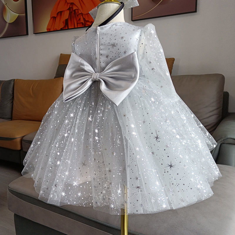 Grey Tulle A-Line Flower Girl Dress - Long Puff Sleeves
