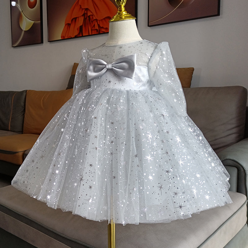 Grey Tulle A-Line Flower Girl Dress - Long Puff Sleeves