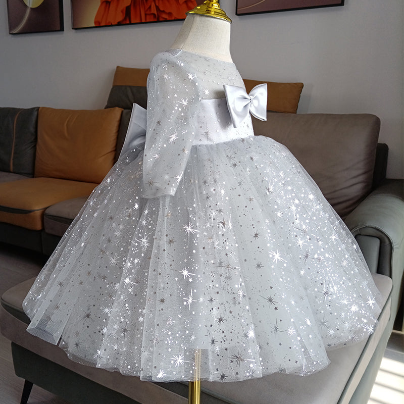 Grey Tulle A-Line Flower Girl Dress - Long Puff Sleeves