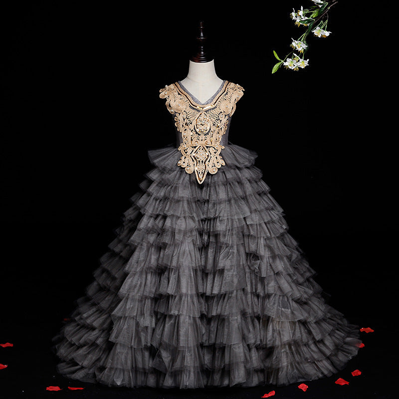 Grey Tulle Princess Flower Girl Dress Lace Pleated Straps
