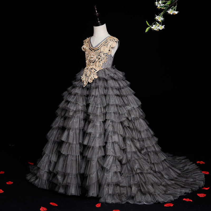 Grey Tulle Princess Flower Girl Dress Lace Pleated Straps