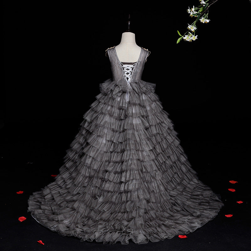 Grey Tulle Princess Flower Girl Dress Lace Pleated Straps