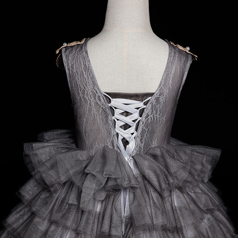 Grey Tulle Princess Flower Girl Dress Lace Pleated Straps