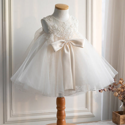 Ivory Lace Tulle Princess Flower Girl Dress Sleeveless Bow Tea