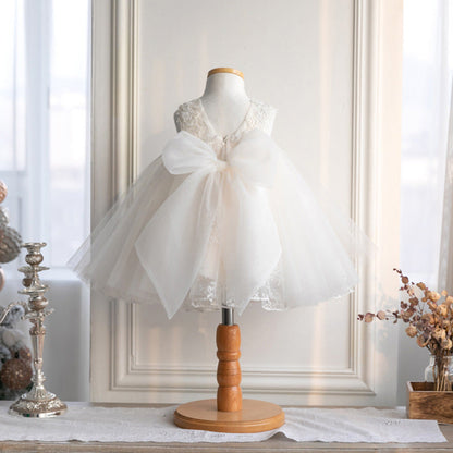 Ivory Lace Tulle Princess Flower Girl Dress Sleeveless Bow Tea