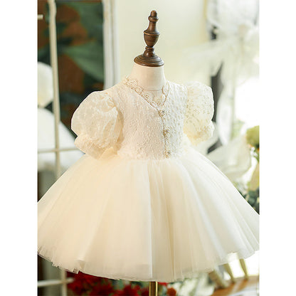 Ivory Lace Tulle Princess Flower Girl Dress V-Neck Puff Sleeve