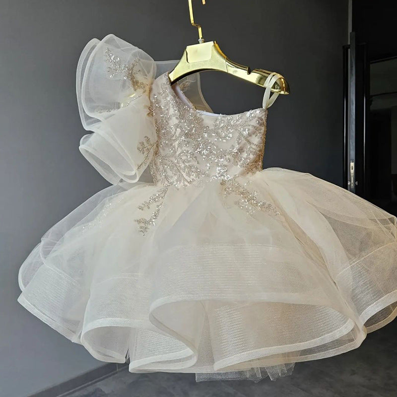 Ivory One Shoulder Sequin Tulle Flower Girl Dress – Princess Birthday & Party Dress