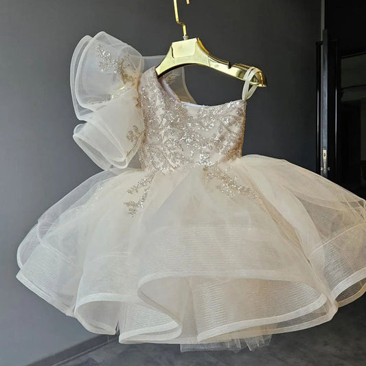 Ivory One Shoulder Sequin Tulle Flower Girl Dress – Princess Birthday & Party Dress