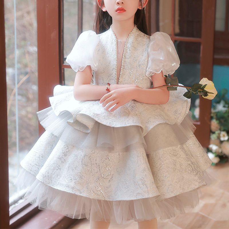 Ivory Princess Satin Puff Sleeve Flower Girl Dress
