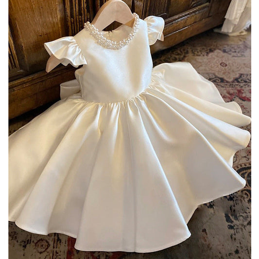 Ivory Satin Ball Gown Dress with Beaded Bow – Sleeveless Birthday & Party Dress for Girls
