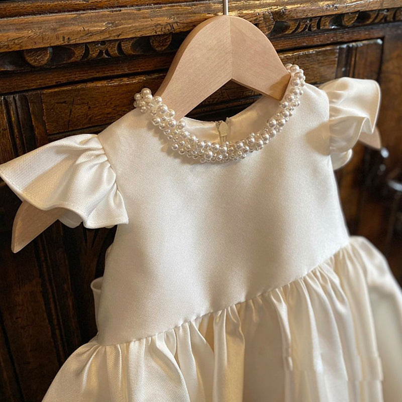 Ivory Satin Ball Gown Dress with Beaded Bow – Sleeveless Birthday & Party Dress for Girls