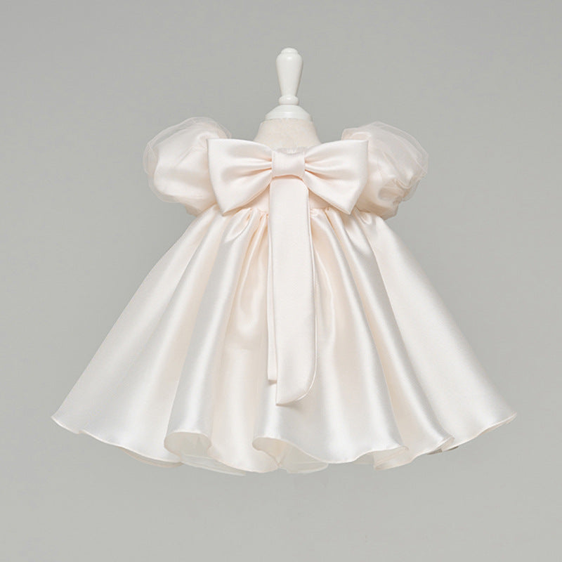 Ivory Satin Flower Girl Dress with Ruffles and Beaded Details