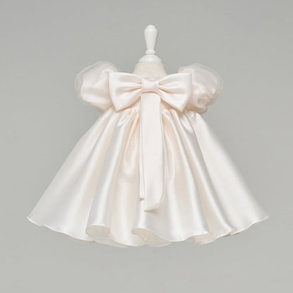 Ivory Satin Flower Girl Dress with Ruffles and Beaded Details