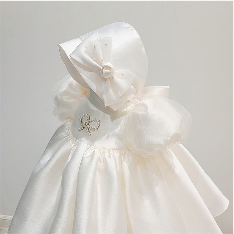 Ivory Satin Flower Girl Dress with Ruffles and Beaded Details