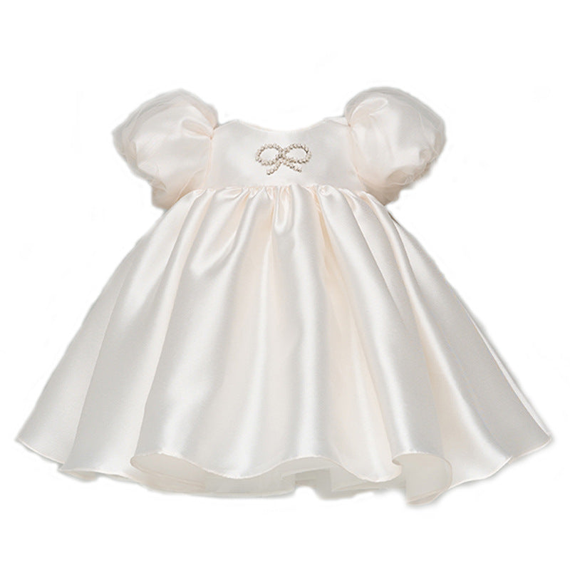 Ivory Satin Flower Girl Dress with Ruffles and Beaded Details